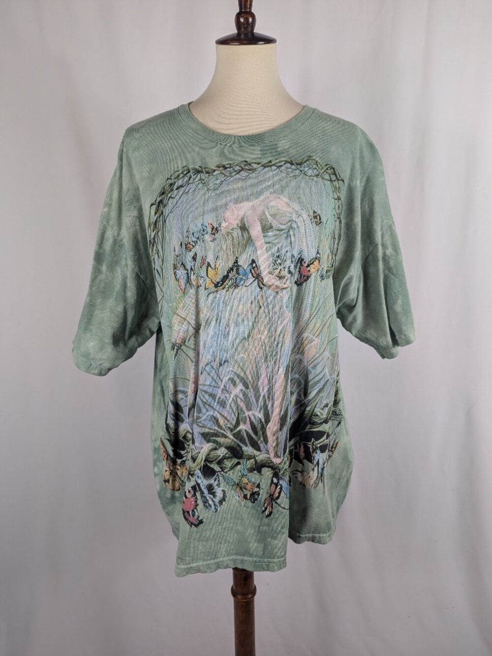 The Mountain T-Shirt Vintage Green Tie Dye Fantasy Butterfly Sheila Wolk 2001 2X